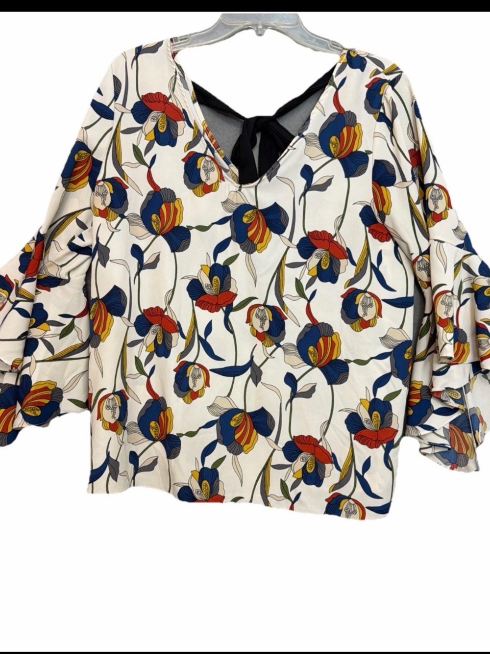 Green envelope Floral Bell-Sleeve V-Neck Blouse with Back Tie - Size L